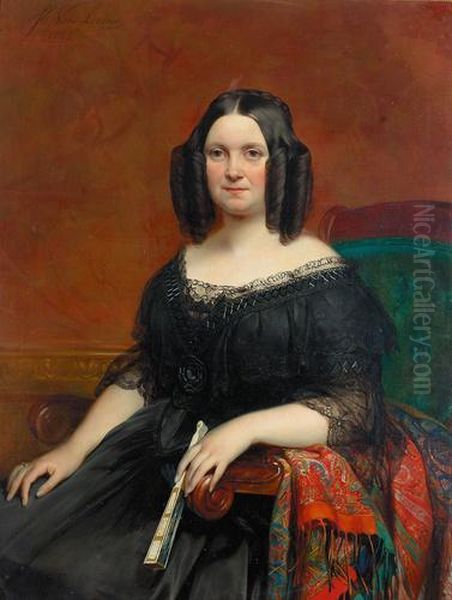Portret van een dame in zwart kant, door de Belgische schilder Van Lerius (1823-1876) - view 1