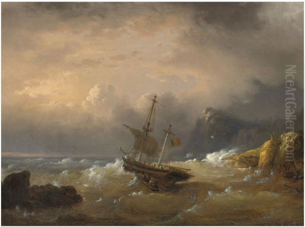 A sailing vessel off a rocky coast - view 1