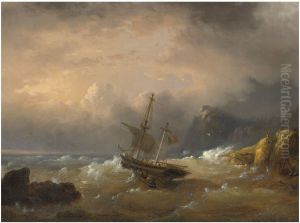 A sailing vessel off a rocky coast by Egide Linnig