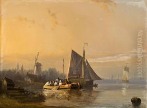 A river scene at dusk by Egide Linnig