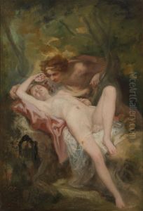 A nymph and a satyr in the woods by Octave Tassaert