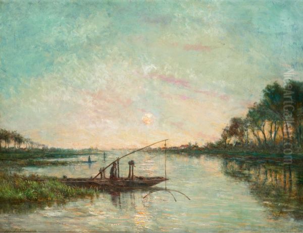 River landscape with an eel fisher - view 1