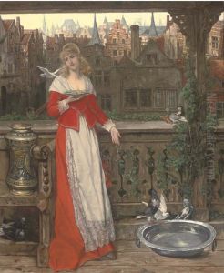 A maiden feeding birds by Victor Lagye