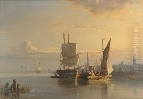 European harbor scene with two ships - view 1
