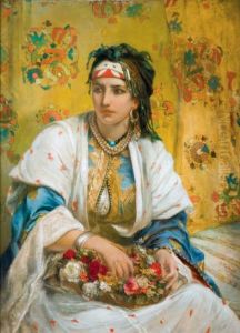 Oriental beauty with flowers by Jean-Francois Portaels