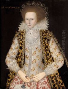 Portrait of Elizabeth Honeywood, three-quarter length, standing, wearing a rich embroidered dress, and holding a fan