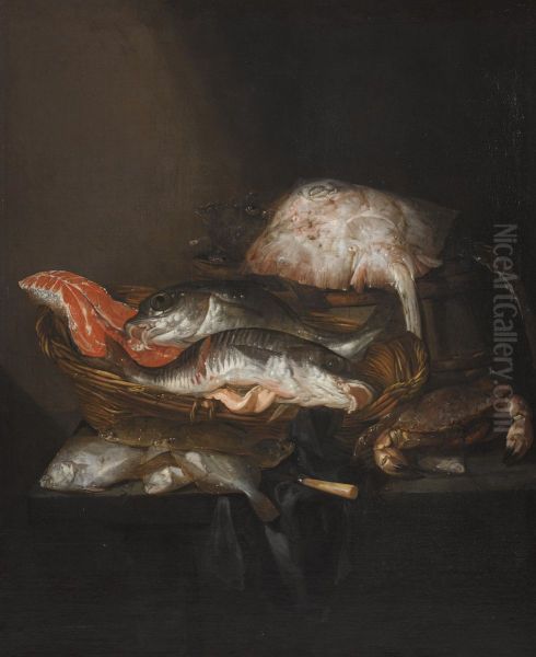 Still life with a ray on a barrel, a salmon steak, a pike perch and a coalfish in a basket, with flounders, a knife and a crab on a draped table - view 1