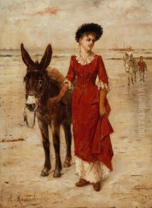 Young elegant lady with a donkey on the beach by Albert Roosenboom