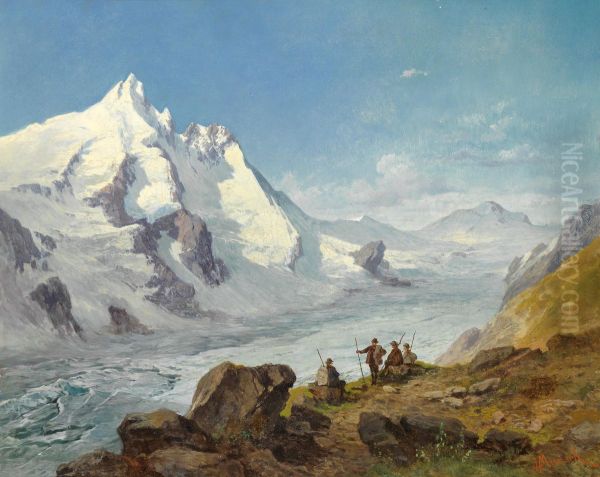Group of Mountain Climbers Beside the Pasterze Glacier, at the foot of the Grossglockner, the Johannisberg in the background - view 1