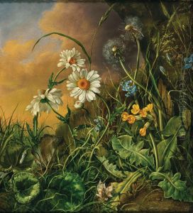 Waldbodenstuck mit Margeriten, Schlusselblumen und Pusteblumen