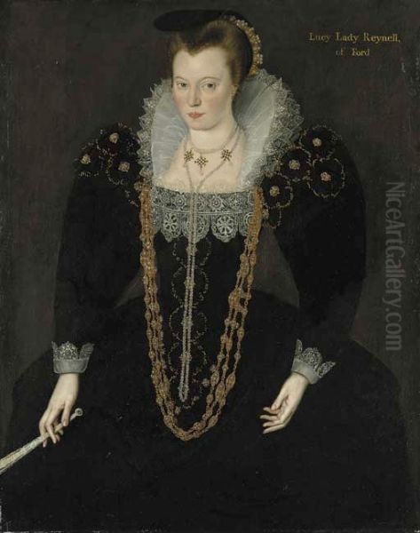 Portrait of Lucy, Lady Reynell of Ford, three-quarter-length, in a dark dress with a white lace collar and gold and pearl necklaces, holding a fan in her right hand with identifying inscription - view 1