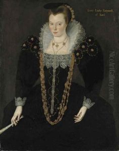 Portrait of Lucy, Lady Reynell of Ford, three-quarter-length, in a dark dress with a white lace collar and gold and pearl necklaces, holding a fan in her right hand with identifying inscription by Marcus Gheeraerts the Younger