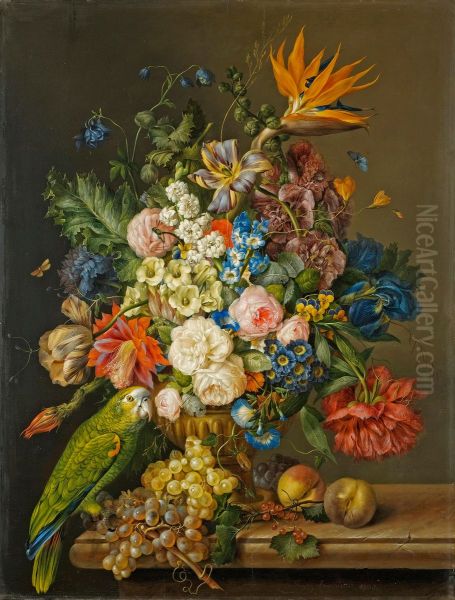 A still life of roses, tulips, a bird of paradise, and other flowers in an urn, beside a green parrot, grapes and peaches on a marble ledge - view 1
