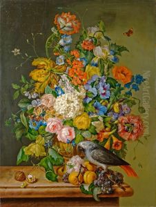A still life of roses, hydrangeas, poppies and other flowers in an urn with an African Grey parrot, grapes, peaches and walnuts on a marble ledge