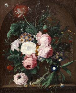 Blumenstillleben mit Eidechse auf einem Steinvorsprung Blumenstillleben mit Eidechse auf einem Steinvorsprung
