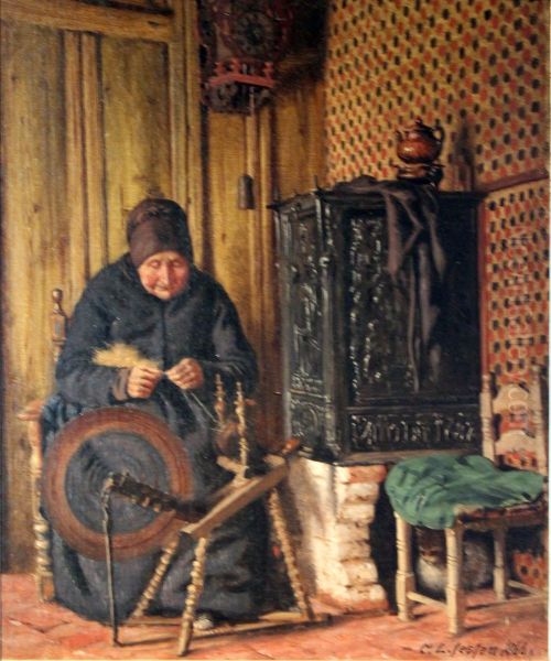 Old Woman at a Spinning Wheel ("A 90-year old, spinning") - view 1