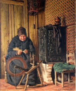 Old Woman at a Spinning Wheel ("A 90-year old, spinning") by Carl Ludwig Jessen