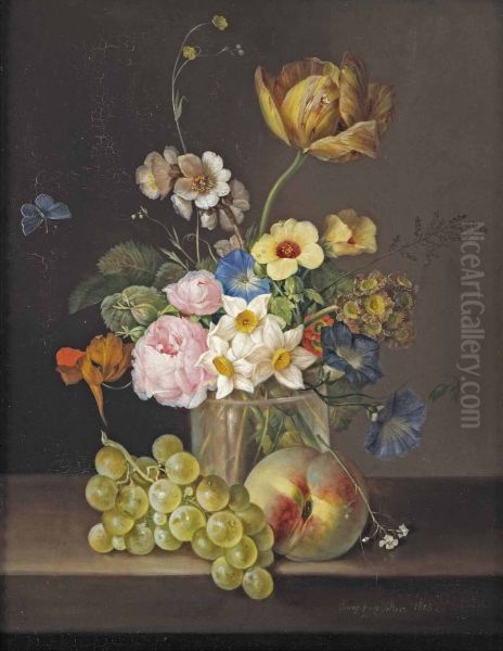 A tulip, roses, daffodils, morning glory and other flowers in a glass vase, with white grapes, a peach and a butterfly - view 1