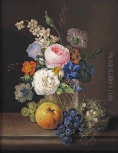Eine Pfingstrose, eine Rose, Ackerwinde, Primeln und verschiedene andere Blumen in einer Glasvase, dazu blaue und weisse Weintrauben, ein Apfel und ein Vogelnest by Franz Xaver Petter