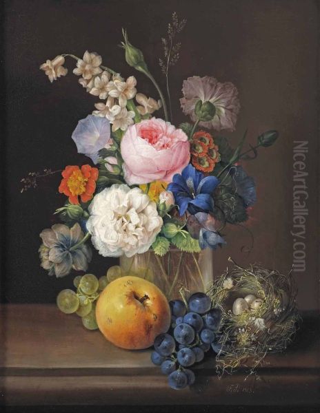A peony, a rose, bindweed, primroses and various other flowers in a glass vase, with blue and white grapes, an apple and a nest - view 1