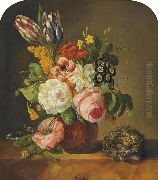 Roses, tulips, forget-me-nots, nasturtiums, jasmine, anemones and other summer blooms in a classical urn by a snail and a bird's nest on a marble ledge - view 1