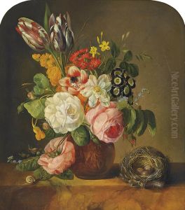 Roses, tulips, forget-me-nots, nasturtiums, jasmine, anemones and other summer blooms in a classical urn by a snail and a bird's nest on a marble ledge