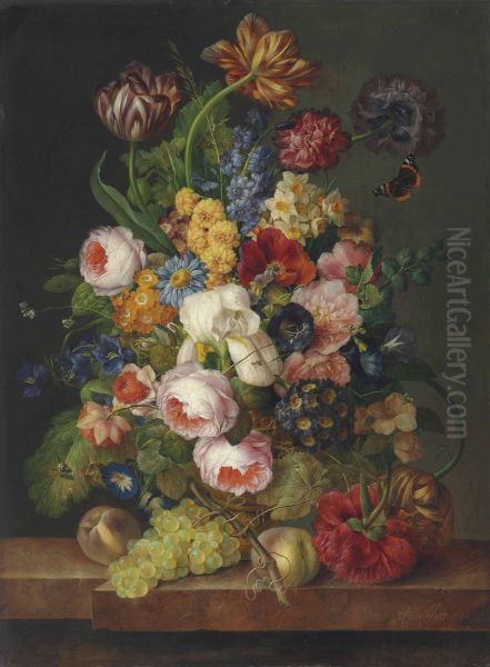 Roses, parrot tulips, and iris, daffodils, peonies, morning-glory and other flowers with a Red Admiral, a bee and other insects in a sculpted urn with peaches and grapes on a marble ledge - view 1