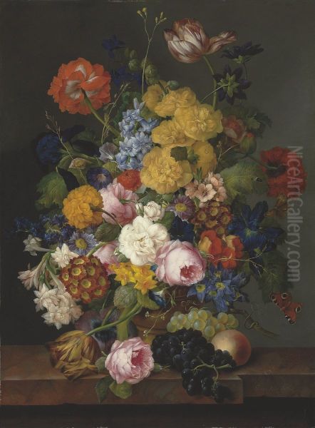 Ein uppiges Stillleben mit Fruhlings- und Sommerblumen in einer Urne mit Fruchten auf einem Marmorsims - view 1