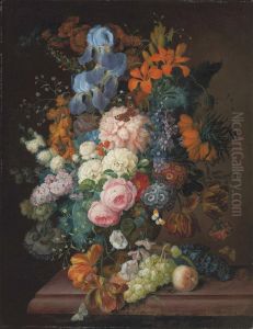 Roses, peonies, irises, violets, and other blooms in a terracotta urn, with grapes and a peach on a table by Franz Xaver Petter