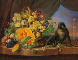 Stillleben mit Fruchtekorb gefullt mit Weintrauben, Pfirsichen und Feigen und einem Affchen by Franz Xaver Petter