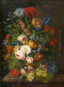 Blumenstillleben mit Pfirsichen und Trauben Blumenstillleben mit Pfirsichen und Trauben