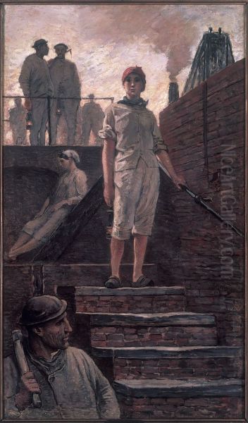 Female miner descending into the pit - view 1