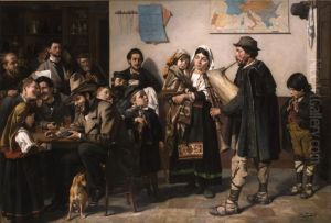 Interior of an Antwerp guest house with Italian itinerant musicians by Edouard De Jans