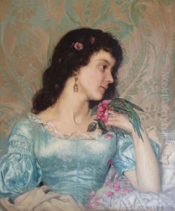 Beautiful pensive portrait of a young woman with a bird and flower by Jean-Joseph Weerts