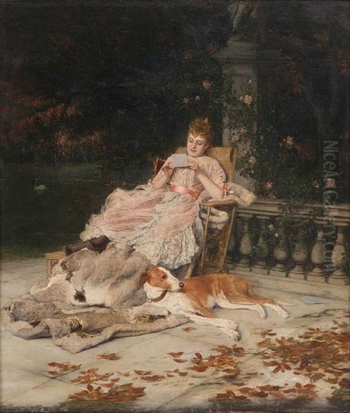 A lady reading a letter at the edge of the pond by Jan van Beers
