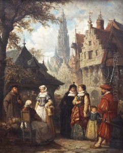 Noble women going to the market in Antwerp by Hendrik Frans Schaefels