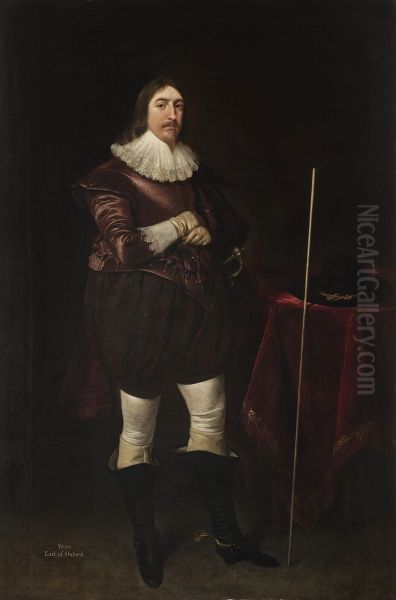 Portrait of Henry de Vere, 18th Earl of Oxford KB (1593-1625), full-length, in a purple suit, with his wand of office leaning against a table - view 1