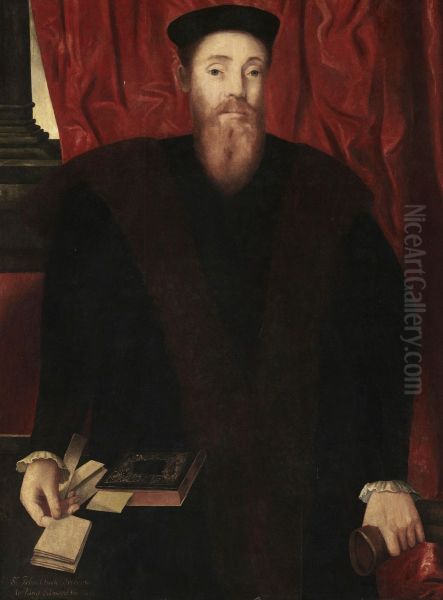 Portrait of Sir John Cheke (1514-1557), half-length, in black with a fur collar, holding a letter and gloves - view 1