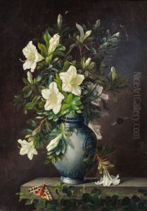 Opstilling med azalieblomster, natsvaermer og humlebi.