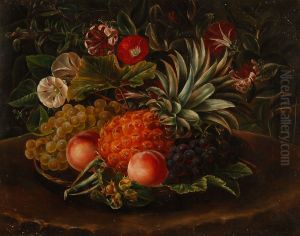 Opstilling med frugter og blomster pa et fad.