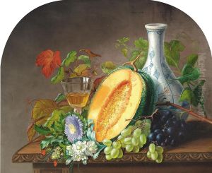 Opstilling med melon, druer, blomster, karaffel og vinglas pa et bord. by Alfrida Baadsgaard