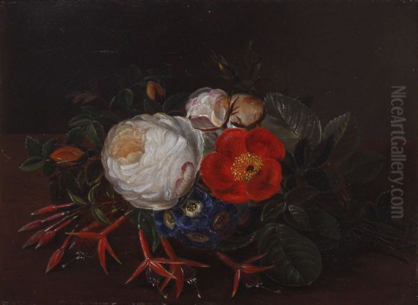 Still life with roses, primula and fuchsia on a ledge. - view 1