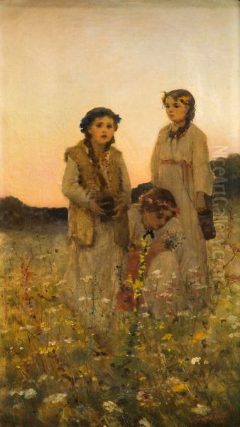 Girls picking flowers on the meadow - view 1