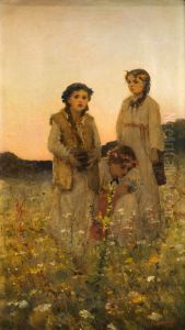 Girls picking flowers on the meadow by Leon Wyczolkowski