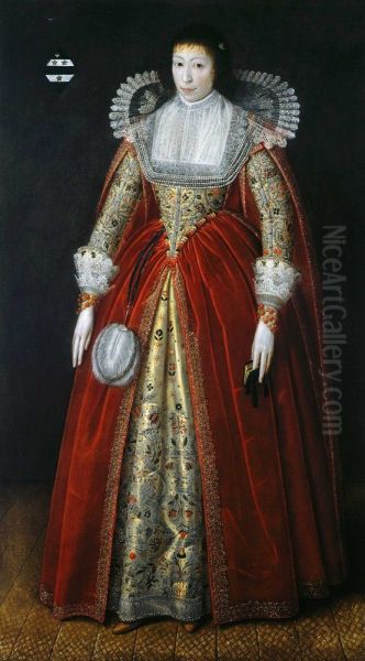 Portrait of a lady, said to be Lady Style, full-length, in a red dress with elaborately embroidered under-skirt and lace collar and cuffs, holding a prayer book in her left hand, in an interior - view 1