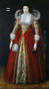 Portrait of a lady, said to be Lady Style, full-length, in a red dress with elaborately embroidered under-skirt and lace collar and cuffs, holding a prayer book in her left hand, in an interior by Robert Peake