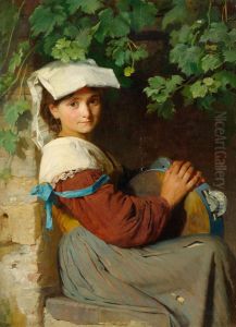 An Italian woman with a tambourine at a window
