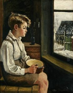 An interior with a boy at the window. by Christian Aigens