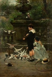 Children Feeding Pigeons in the Park by Eugene Joors