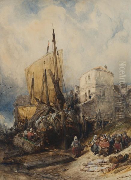 Workers at the harbour unloading cargo - view 1